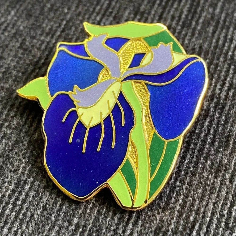 Purple Iris Cloisonne Brooch Signed ACE